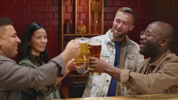 Medium Footage Group Diverse Friends Hang Out Bar Celebrating Cheering — Vídeo de Stock