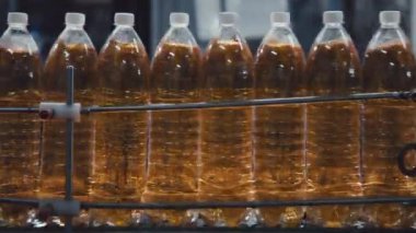Kimse içecek fabrikasında otomasyon robotik taşıyıcı bant sırasına giren plastik kaplama şişeleri köpüklü içecekle bıçaklamaz.