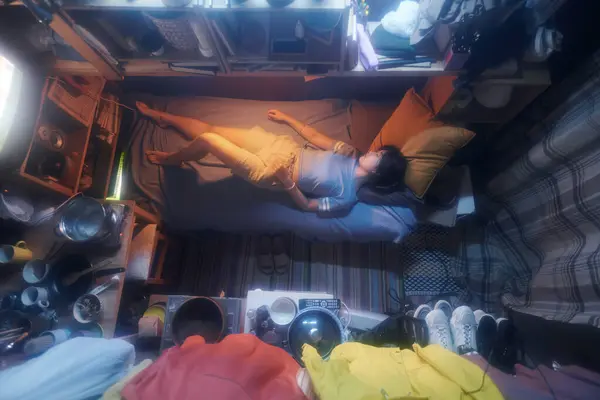 Angle Young Asian Woman Lying Single Bed Sleeping Small Apartment — Stock Photo, Image