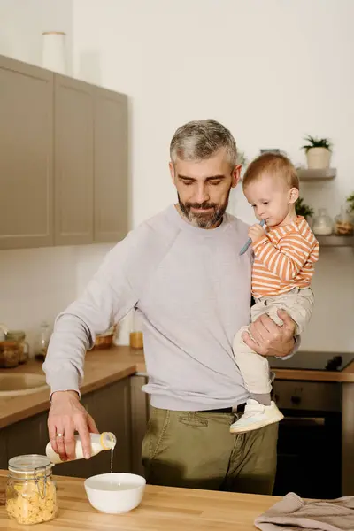 Mature Father His Adorable Baby Son Hands Standing Kitchen Counter — Stock Photo, Image