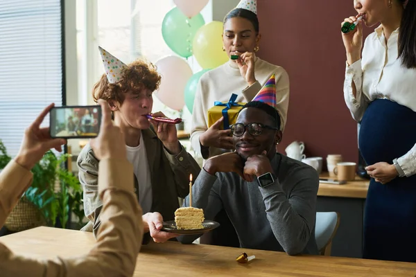 Happy Young African American Man Sitting Table His Intercultural Colleagues — Stock Photo, Image