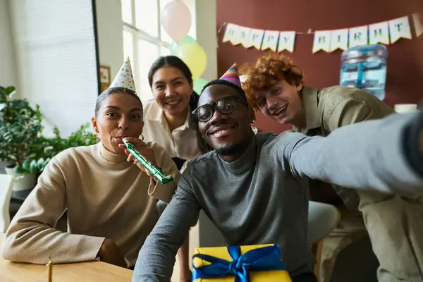 Group Happy Young Intercultural Office Workers Birthday Caps Looking Camera — Stock Photo, Image