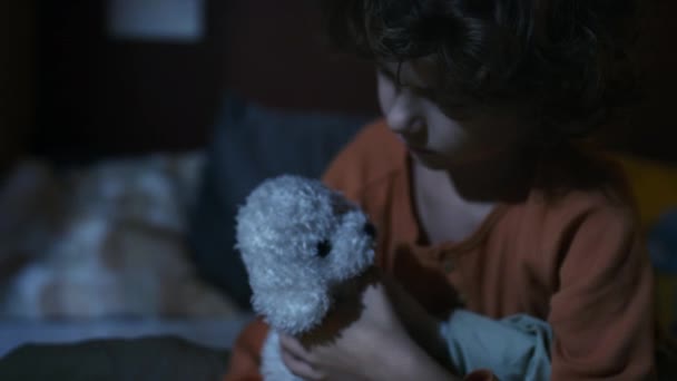悲しいことに窓を見つめ ペット犬を夢見ながら夜に白い詰まった子犬を抱きしめるコーカサスカレーの男の子のサイドクローズアップ — ストック動画