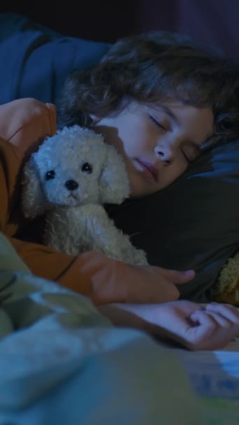 Вертикальные Съемки Белого Мальчика Спящего Ночью Постели Белой Плюшевой Собакой — стоковое видео