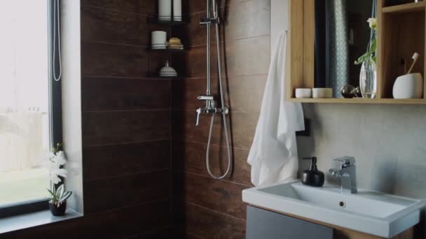 Medium People Shot Stylish Bathroom Modern Apartment House Single Man — Video Stock