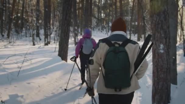 Medium Full Shot Lens Flare Unrecognizable Woman Snow Suit Hat — Stock Video