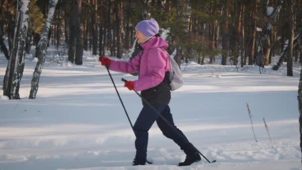 身着便衣的成熟白人女士 穿着冬季夹克的男子和穿着Anorak的男子的中速全速前进射击 背包在森林里一起滑行 或在寒冷的天气在雪地里停在公园里 — 图库视频影像