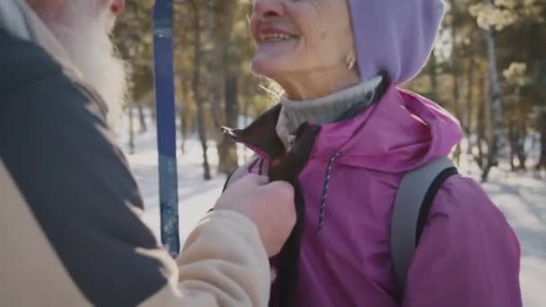 愛する上級白人男性が笑顔の妻のためにジャケットをジッピングし 帽子をまっすぐにする チャットしながら冬休み中に雪の森で一緒にスキーする中間クローズアップショット — ストック動画