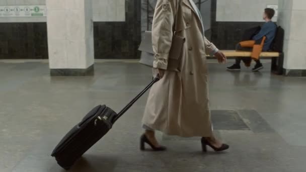 Modern Metro Istasyonunda Uzun Koridorda Yürüyen Siyah Bavullu Afrikalı Amerikalı — Stok video