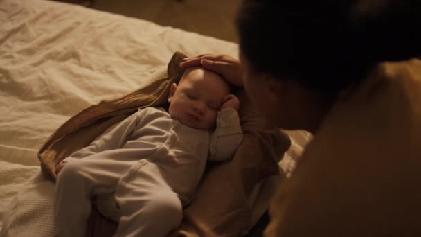 Top Shot Month Old Baby Boy Dressed Bodysuit Sleeping Cocoon — Stock Video