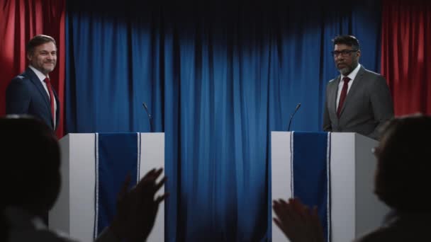 Medium Footage Indian Caucasian Male Presidential Election Candidates Waving Public — Vídeo de Stock