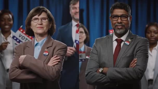 アメリカ合衆国上院 大統領のための成熟した白人女性とインド系アメリカ人の男性候補者の中間スプリットスクリーン肖像画 投票バッジと多様なチーム 選挙キャンペーンで挑戦 — ストック動画