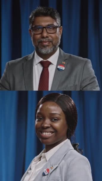 美国参议院 国会或总统职位的非洲裔美国男性候选人和印度男性候选人的中间垂直分屏画像 在竞选活动中 这些人佩戴的是蓝色背景的投票徽章 — 图库视频影像
