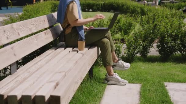 공원에서 벤치에 앉아있는 노트북을 온라인 작업을 인식할 프리랜서 노동자의 자른된 — 비디오