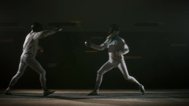 Side Full Footage Fencers Moving Fencing Piste Thrusting Clashing Demonstrating — Stock Video