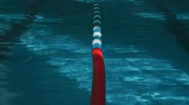 Güneşli bir sabahta, Natatorium 'da boş bir yüzme havuzunda, parlak suyun yüzeyinde yüzen kırmızı, mavi ve beyaz plastik şeritten çekilen hiç kimse yok.