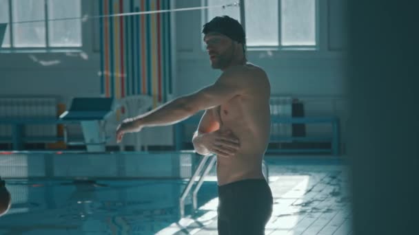 Medium Full Footage Fit Young Caucasian Male Swimmer Standing Pool — Stock Video