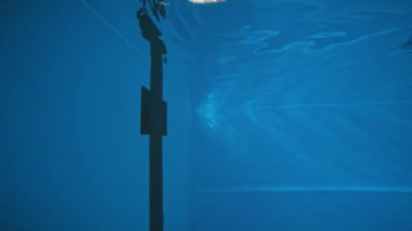 Siyah şortlu, kauçuk şapkalı ve gözlüklü, havuzun dibine doğru yüzen, bitiş turunu tamamlayan, sonra da takla atıp yüzen isimsiz sporcunun sualtı karesi.