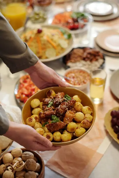 Vertical High Angle Closeup Hands Unrecognizable Muslim Woman Setting Festive Royalty Free Stock Images