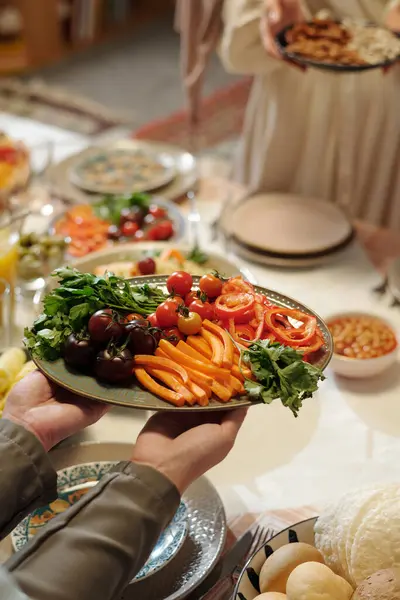 Vertical High Angle View Shot Hands Unrecognizable Muslim Women Setting Royalty Free Stock Photos