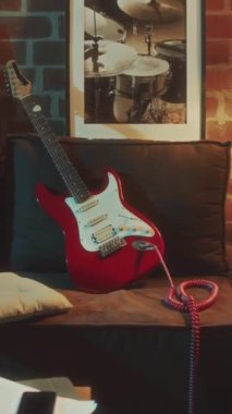 Hiçbir insan, eski koltukta eski tuğla duvarlar ve kırmızı bas gitarlı isimsiz müzisyen odasının dikey el kamerası görüntülerini çekmez.