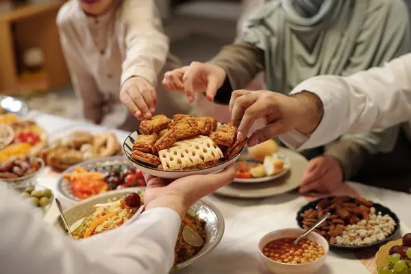 Selective Focus Shot Hands Muslim People Taking Sweet Biscuits Plate Stock Picture