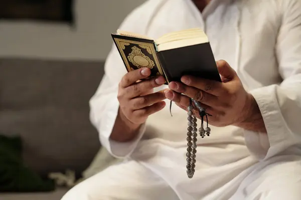 Medium Closeup Hands Unrecognizable Muslim Man Holding Misbaha Reading Quran Royalty Free Stock Images
