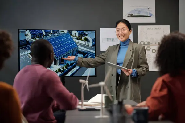 Happy Young Asian Businesswoman Tablet Pointing Interactive Board Presentation Her Stock Picture