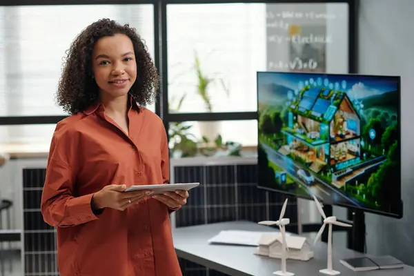 Young Successful Specialist Tablet Looking Camera Searching Online Information While Stock Picture