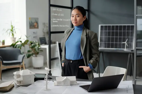 Young Confident Asian Businesswoman Formalwear Looking Camera Work New Architectural Stock Photo