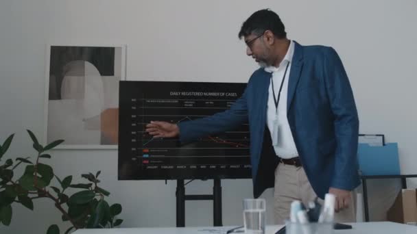 Средний Снимок Руководителя Индийской Клиники Мужчины Костюме Стоящего Мультимедийного Экрана — стоковое видео