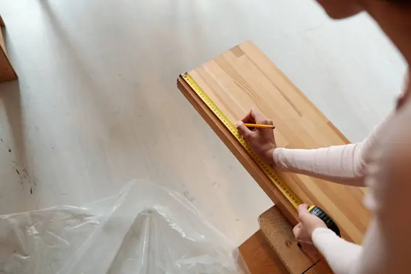 High Angle Hand Unrecognizable Female Owner Cafe Pencil Measuring Tape Stock Image