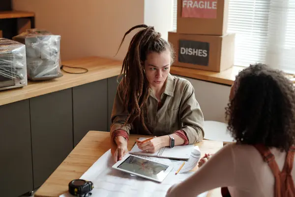 Young Confident Female Entrepreneur Sitting Table Front Business Partner Colleague Stock Image