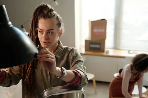 Young Serious Businesswoman Interior Designer Dreadlocks Hanging Lamp Table Cafe Stock Picture