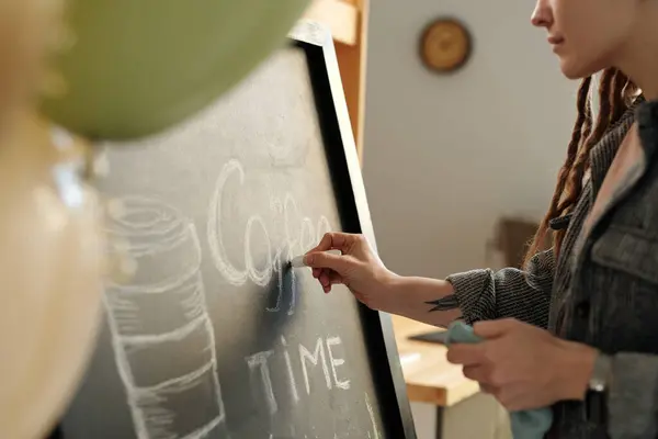 Hand Young Female Owner Cafe Piece White Chalk Drawing Advert Stock Image