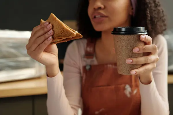 Hands Young African American Woman Brown Workwear Holding Fresh Sandwich Royalty Free Stock Photos