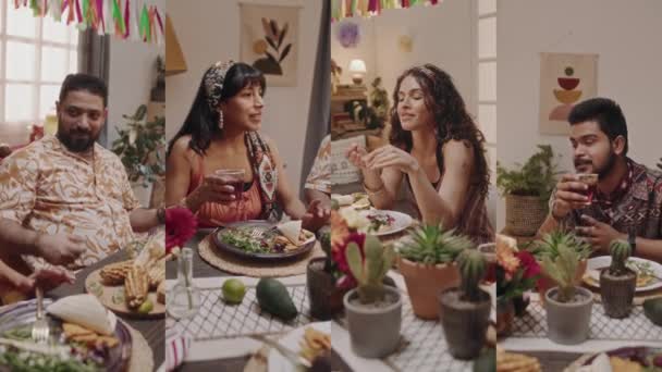Imágenes Pantalla Dividida Media Cuatro Jóvenes Mexicanos Sentados Juntos Deliciosa — Vídeos de Stock