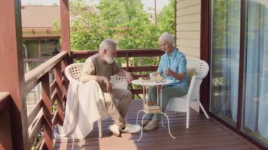Yaşlı, beyaz bir çiftin kır evlerinin terasında koltuklarda oturup satranç oynarken ve konuşurken güneşli bir yaz günü dinlenirken çekilmiş görüntüleri.