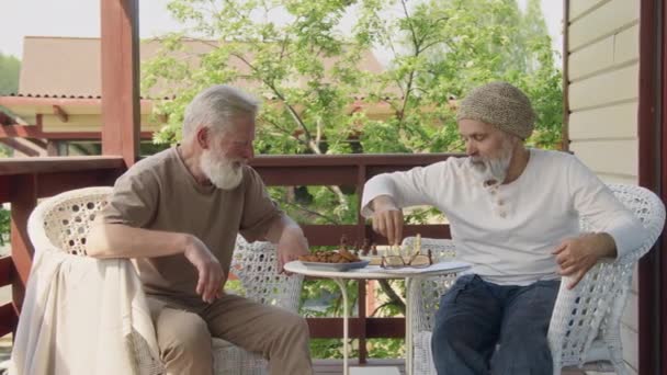 Medium Full Film Två Leende Gråhåriga Seniora Kaukasiska Manliga Pensionärer — Stockvideo
