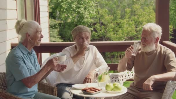 Imágenes Medianas Tres Ancianos Residentes Casas Retiro Sentados Juntos Terraza — Vídeo de stock