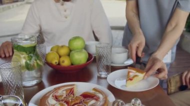 Öğle yemeği saatinde masanın etrafında oturan bir grup yaşlı insana tabak üzerinde turta servis eden tanınmayan bir kadın emeklinin orta boy yakın çekimleri.
