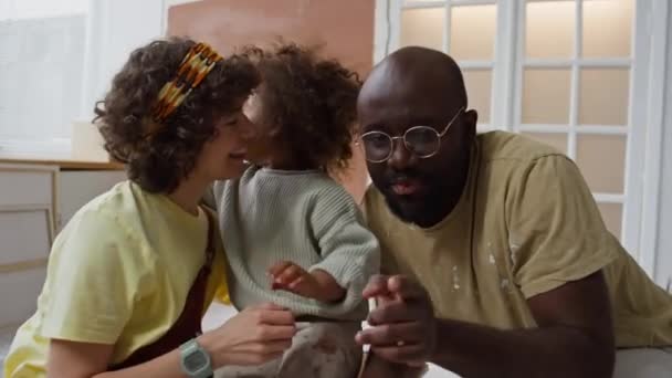 Portrait Multiracial Family Happy Diverse Parents Posing Biracial Baby Daughter — Stock Video