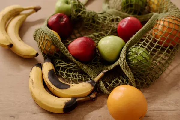 Part Shopping Bag Variety Fruits Table Including Spoiled Fresh Bananas Photo De Stock
