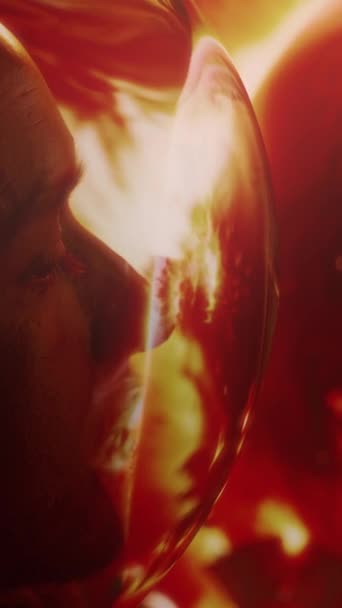 Vertical Side Closeup Profile Worried Male Astronaut Watching Burning Reddish — Stock Video