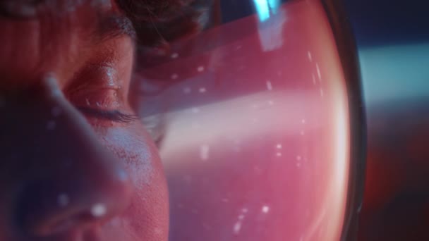 Side Extreme Closeup Female Astronaut Opening Her Eyes Believing Them Stock Footage