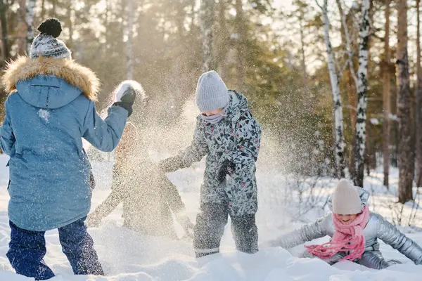 Groep Van Jeugdige Vrienden Winterjassen Muts Spelen Sneeuwballen Sneeuw Drift Stockfoto