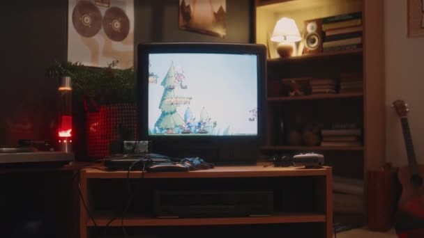 Никто Снимает Камеру Телевизор Старой Аркадной Видеоигрой Прыгающими Собаками Экране — стоковое видео