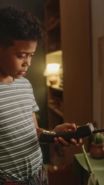 Vertical Side Footage Millennial Black Boy Striped Shirt Making Call — Vídeo de Stock
