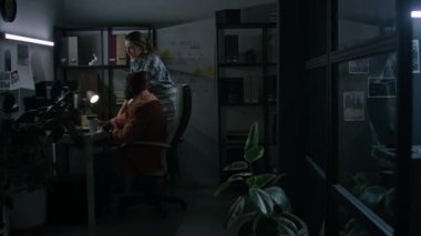 Kafkasyalı kadın video ressamı ya da rötuş uzmanı bilgisayar üzerinde çalışan siyahi bir erkek arkadaşla konuşurken, tavsiye verirken, sonra da reklam görüntülerini düzenlemeye devam etmek için masaya geri dönerken.