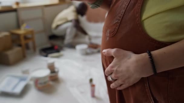 Imágenes Inclinación Lateral Mano Una Mujer Embarazada Anónima Mono Acariciando — Vídeo de stock